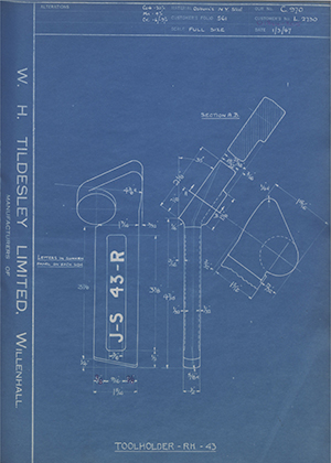 A.A Jones & Shipman LTD L2730 Tool Holder - RH - 43 WH Tildesley Forging Technical Drawing