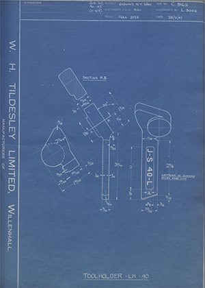 A.A Jones & Shipman LTD L3006 Tool Holder - LH - 40 WH Tildesley Forging Technical Drawing