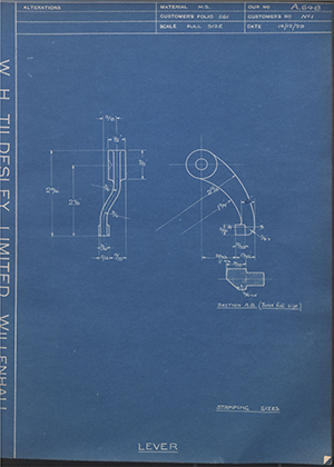 A.A Jones & Shipman LTD No1 Lever WH Tildesley Forging Technical Drawing