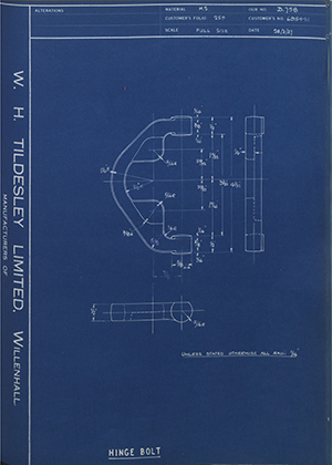 A.B.C Coupler Engineering Co LTD 6954M Hinge Bolt WH Tildesley Forging Technical Drawing