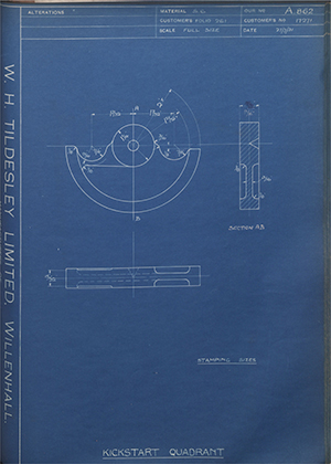 A.J Stevens & Co LTD 17271 Kickstart Quadrant WH Tildesley Forging Technical Drawing