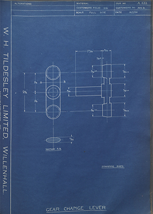 A.J Stevens & Co LTD 302B Gear Change Lever WH Tildesley Forging Technical Drawing