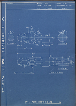 Abingdon King Dick Co LTD A4324 Ball Pein Hammer Head - 1LB WH Tildesley Forging Technical Drawing