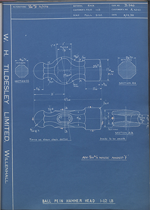 Abingdon King Dick Co LTD A4343 Ball Pein Hammer 1 1/12 LB WH Tildesley Forging Technical Drawing