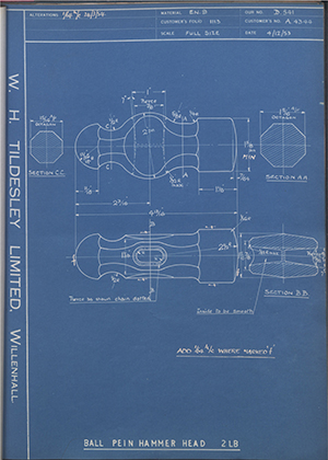 Abingdon King Dick Co LTD A4344 Ball Pein Hammer Head 2LB WH Tildesley Forging Technical Drawing