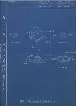 Abingdon King Dick Co LTD A4640 Ball Pein Hammer Head - 1.2LB WH Tildesley Forging Technical Drawing