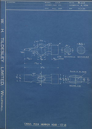 Abingdon King Dick Co LTD A4756 Cross Peen Hammer Head 1/2LB WH Tildesley Forging Technical Drawing