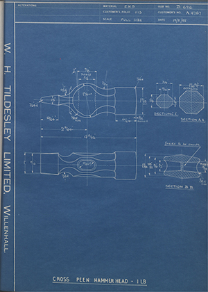 Abingdon King Dick Co LTD A4757 Cross Peen Hammer Head - 1LB WH Tildesley Forging Technical Drawing