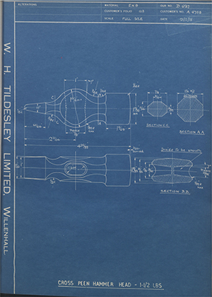 Abingdon King Dick Co LTD A4758 Cross Peen Hammer Head - 1 1/2 LBS WH Tildesley Forging Technical Drawing