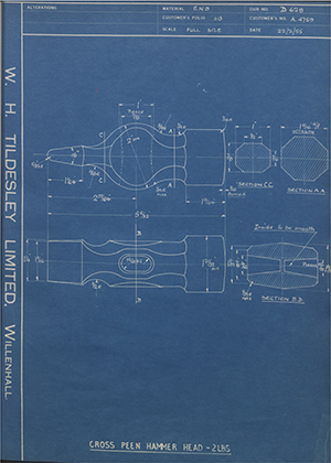 Abingdon King Dick Co LTD A4759 Cross Peen Hammer Head - 2LBS WH Tildesley Forging Technical Drawing