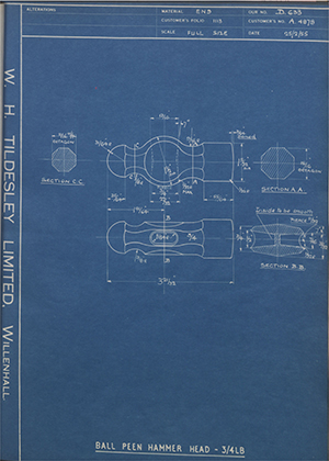 Abingdon King Dick Co LTD A4878 Ball Peen Hammer Head - 3/4LB WH Tildesley Forging Technical Drawing