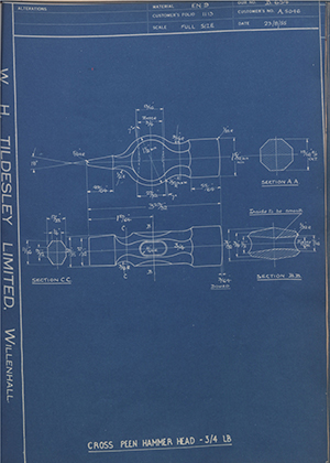 Abingdon King Dick Co LTD A5046 Cross Peen Hammer Head - 3/4LB WH Tildesley Forging Technical Drawing