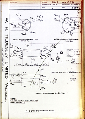 Abingdon King Dick Co LTD B2513 A & B Open End Torque Head WH Tildesley Forging Technical Drawing