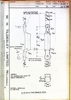 Abingdon King Dick Co LTD B2517 A & B Ring End Torque Head WH Tildesley Forging Technical Drawing