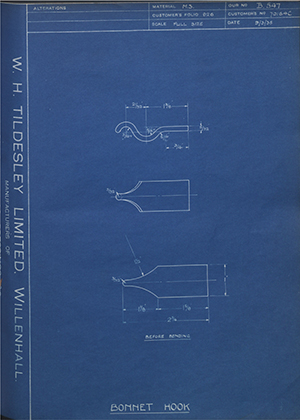 Albion Motors 70164C Bonnet Hook WH Tildesley Forging Technical Drawing