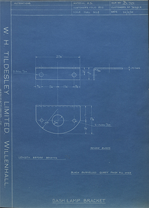 Albion Motors 70361A Dash Lamp Bracket WH Tildesley Forging Technical Drawing