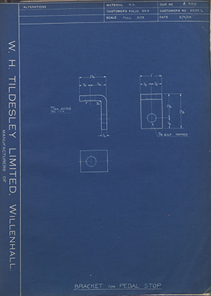 Albion Motors 8292L Bracket for Pedal Stop WH Tildesley Forging Technical Drawing