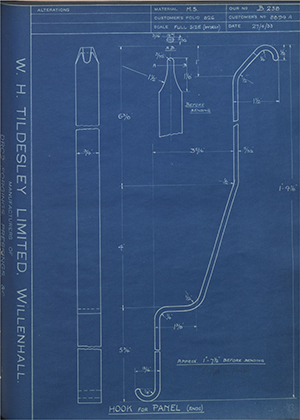 Albion Motors 8894A Hook for Panel (ends) WH Tildesley Forging Technical Drawing