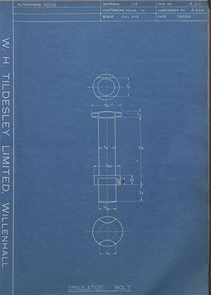 Alfred Wiseman LTD (Electric Tramway Equipment Co) A244 Insulator Bolt WH Tildesley Forging Technical Drawing