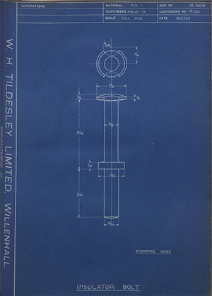 Alfred Wiseman LTD (Electric Tramway Equipment Co) A361 Insulator Bolt WH Tildesley Forging Technical Drawing