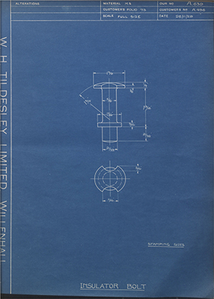 Alfred Wiseman LTD (Electric Tramway Equipment Co) A436 Insulator Bolt WH Tildesley Forging Technical Drawing