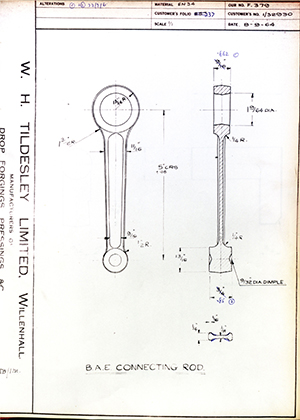 Alpha Bearings LTD 1/32930 B.A.E Connecting Rod WH Tildesley Forging Technical Drawing