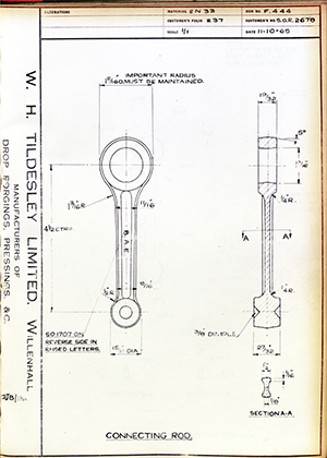 Alpha Bearings LTD 2678 Connecting Rod WH Tildesley Forging Technical Drawing