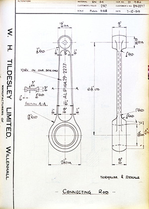 Alpha Bearings LTD 29-2277 Connecting Rod WH Tildesley Forging Technical Drawing