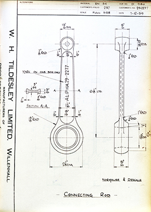 Alpha Bearings LTD 29-2277 Connecting Rod WH Tildesley Forging Technical Drawing