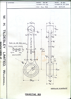 Alpha Bearings LTD 45-2409 Connecting Rod WH Tildesley Forging Technical Drawing