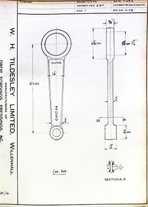 Alpha Bearings LTD AMC13.041044 Connecting Rod WH Tildesley Forging Technical Drawing