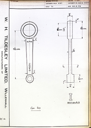 Alpha Bearings LTD AMC15-045011 Connecting Rod WH Tildesley Forging Technical Drawing