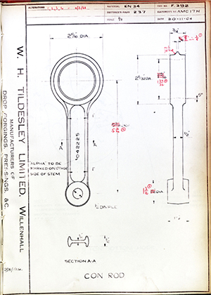 Alpha Bearings LTD AMC17TH Connecting Rod WH Tildesley Forging Technical Drawing