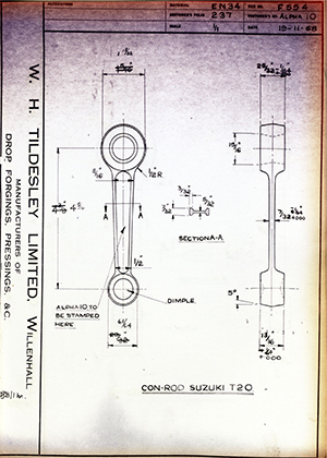 Alpha Bearings LTD Alpha 10 Connecting Rod Suzuki T20 WH Tildesley Forging Technical Drawing