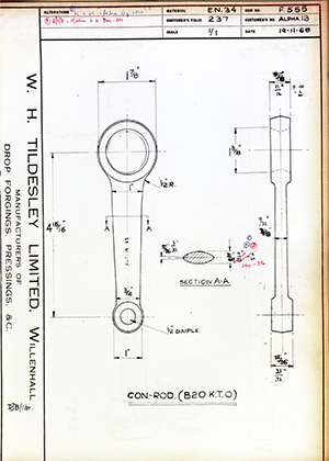 Alpha Bearings LTD Alpha 13 Connecting Rod (B20 K.T.O) WH Tildesley Forging Technical Drawing