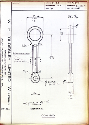 Alpha Bearings LTD B20K.L.T Connecting Rod WH Tildesley Forging Technical Drawing