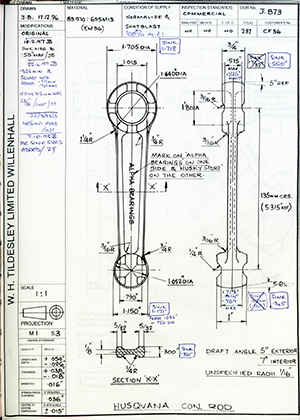 Alpha Bearings LTD CF36 Husqvana Connecting Rod WH Tildesley Forging Technical Drawing