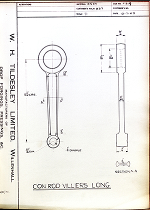 Alpha Bearings LTD  Connecting Rod: Villiers, Long WH Tildesley Forging Technical Drawing