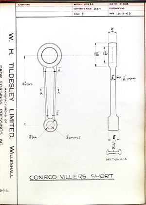 Alpha Bearings LTD  Connecting Rod: Villiers, Short WH Tildesley Forging Technical Drawing