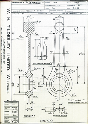 Alpha Bearings LTD  Connecting Rod WH Tildesley Forging Technical Drawing