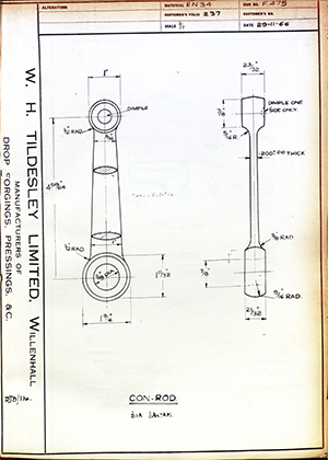 Alpha Bearings LTD  Connecting Rod WH Tildesley Forging Technical Drawing