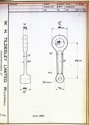 Alpha Bearings LTD  Connecting Rod WH Tildesley Forging Technical Drawing