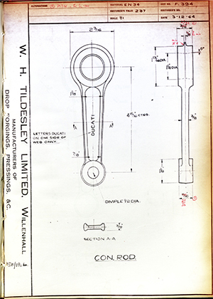 Alpha Bearings LTD  Connecting Rod WH Tildesley Forging Technical Drawing