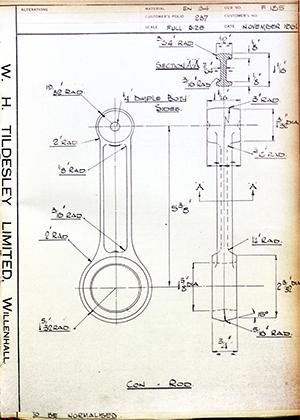 Alpha Bearings LTD  Connecting Rod WH Tildesley Forging Technical Drawing