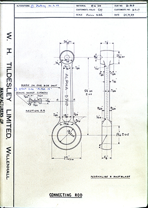 Alpha Bearings LTD D7117 Connecting Rod WH Tildesley Forging Technical Drawing