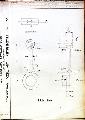 Alpha Bearings LTD HEINKEL Connecting Rod WH Tildesley Forging Technical Drawing