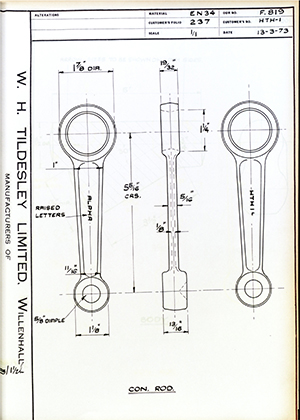 Alpha Bearings LTD HTH-1 Connecting Rod WH Tildesley Forging Technical Drawing