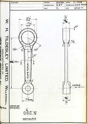 Alpha Bearings LTD JLO-S ALPHA Connecting Rod WH Tildesley Forging Technical Drawing