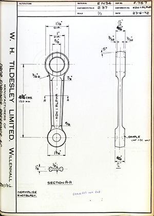 Alpha Bearings LTD KOH1ALPHA Connecting Rod WH Tildesley Forging Technical Drawing