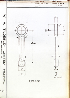 Alpha Bearings LTD NSU 2 Connecting Rod WH Tildesley Forging Technical Drawing